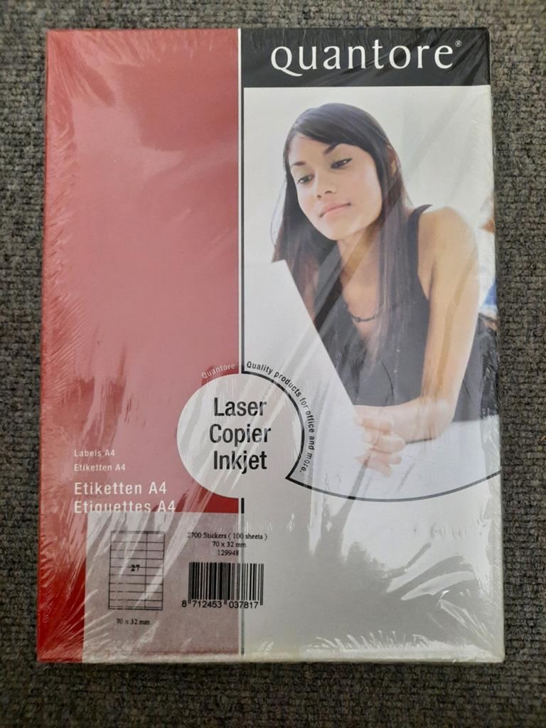 Quantore Etiketten A4 Laser Copier Inkjet 70x32mm, Ophalen of Verzenden