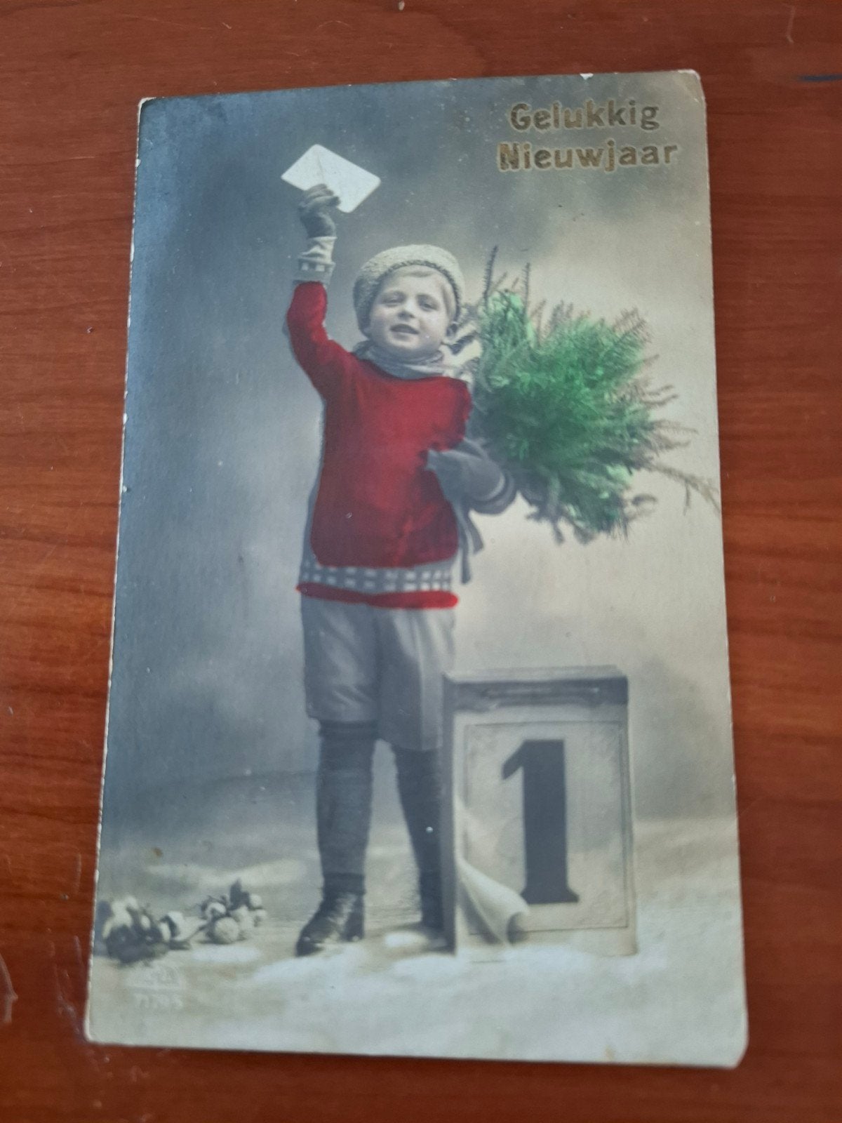 Oude Nieuwjaarskaart 1921 - Jongen met Kerstboom, Ophalen of Verzenden, 1920 tot 1940, Gelopen, Feest(dag)