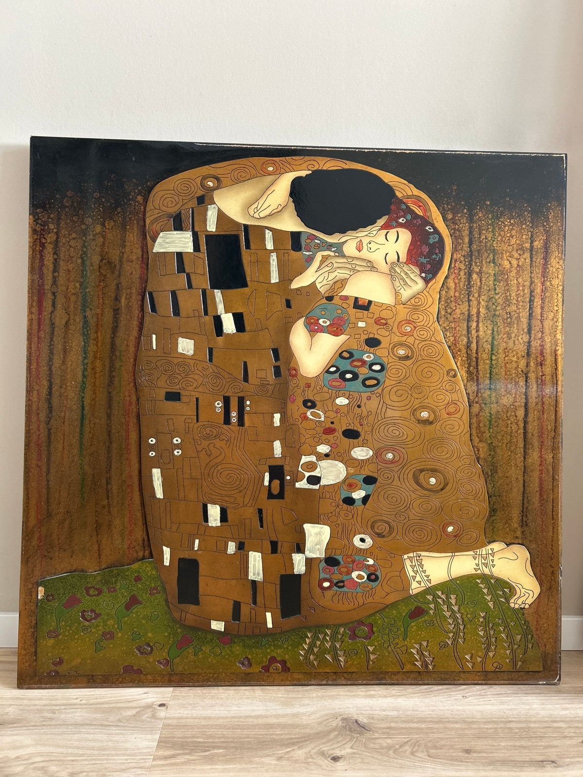 Het Klimt 'De Kus' Schilderij - op hout met reliëf, Antiek en Kunst, Kunst | Schilderijen | Klassiek, Ophalen, Paneel, Overige stijlen