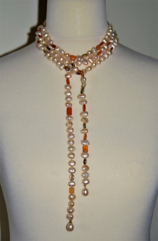 Lange ketting/snoer met zoetwaterparels/carneool/rookkwarts, Sieraden, Tassen en Uiterlijk, Kettingen, Verzenden, Wit, Nieuw, Verstelbaar
