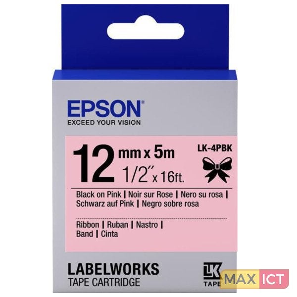 Epson Label Cartridge LK-4PBK Zwart/Roze 12mm 5m, Cartridge, Epson, Epson, Nieuw