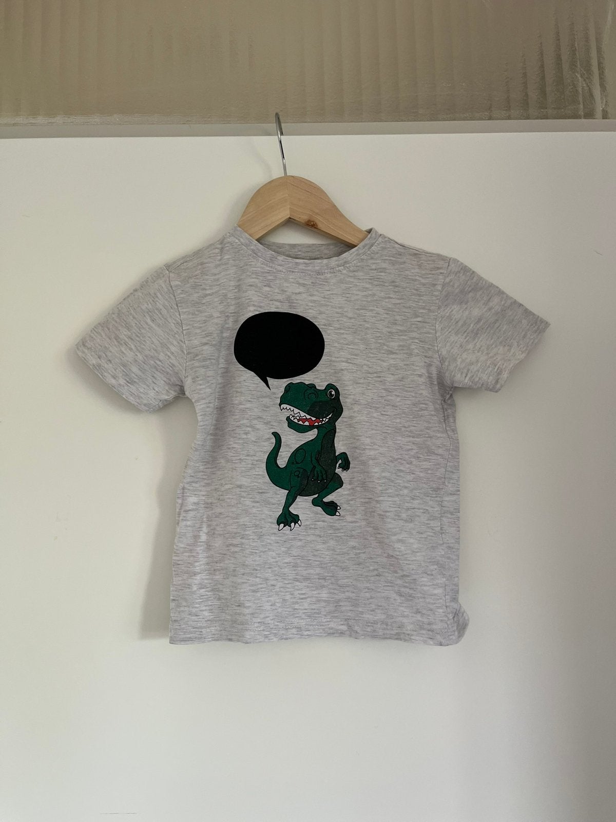 Lichtgrijs t-shirt met dinosaurus, maat 110/116 van Zeeman, Ophalen of Verzenden, Zo goed als nieuw, Jongen, Shirt of Longsleeve