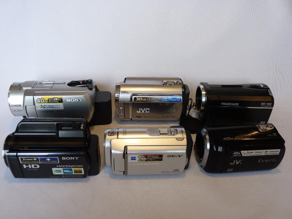 6x digitale videocamera's: 3xSony, 2xJVC, Traveler, HDD/SD, Full HD, Ophalen of Verzenden, 8 tot 20x, Sony