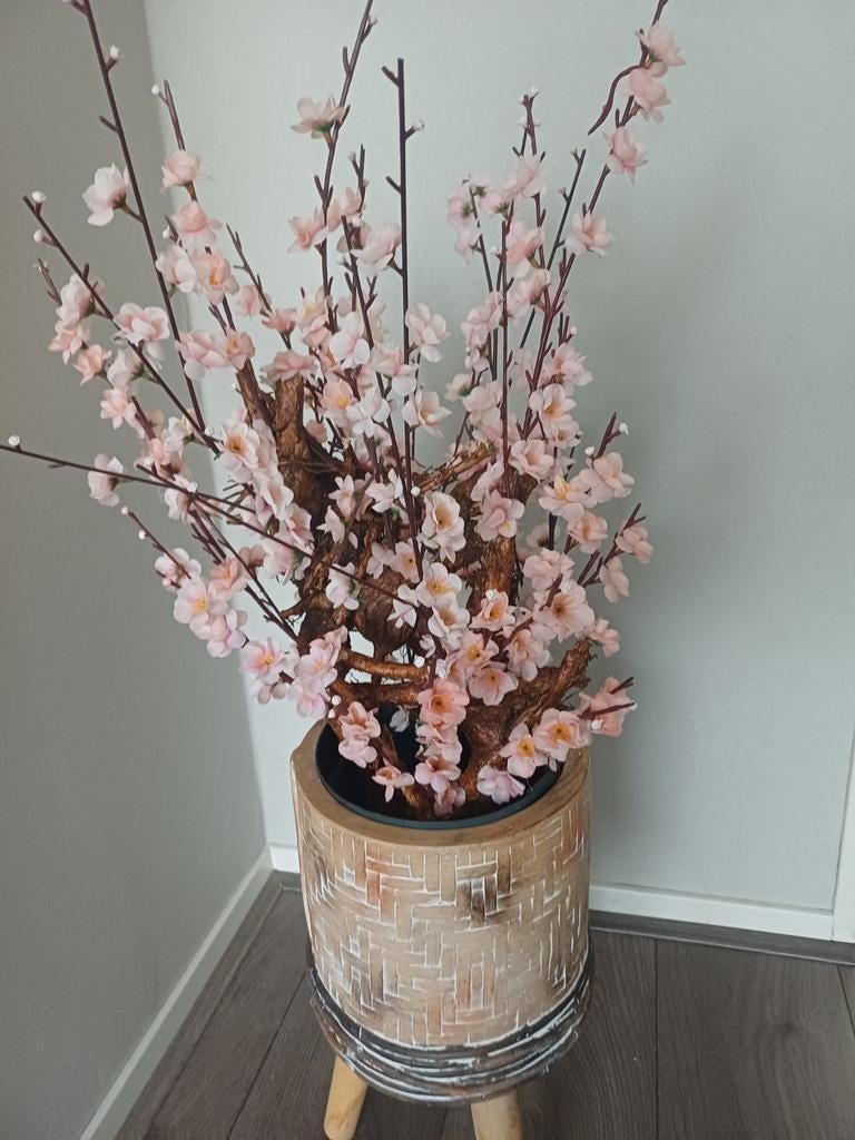 Kunstbloesem in houten pot - Roze bloesemtakken, Binnen, Roze, Onderhoudsvrij, Ophalen of Verzenden