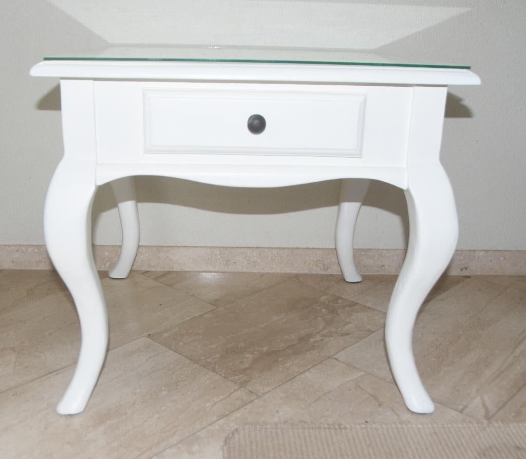 Brocante witte bijzettafel + glazen plaat salontafel tafel, Ophalen, Vierkant, 55 tot 75 cm