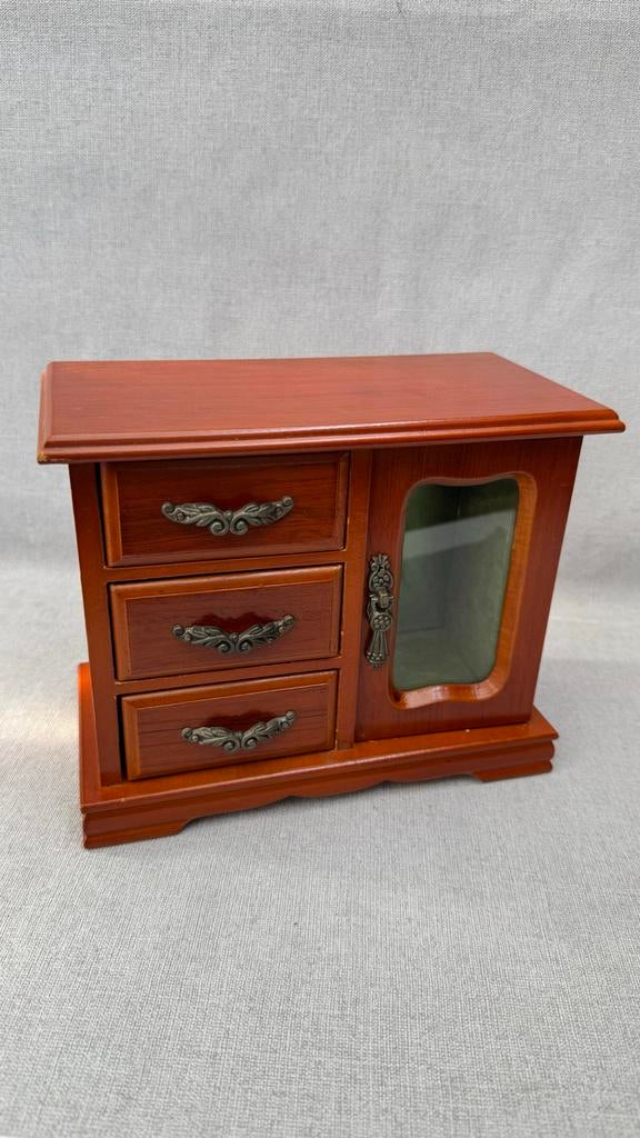 Vintage Houten Juwelendoosje met Lades en Deurtje, Sieraden, Tassen en Uiterlijk, Beautycases, Gebruikt, Hardcase, Bruin, Ophalen of Verzenden