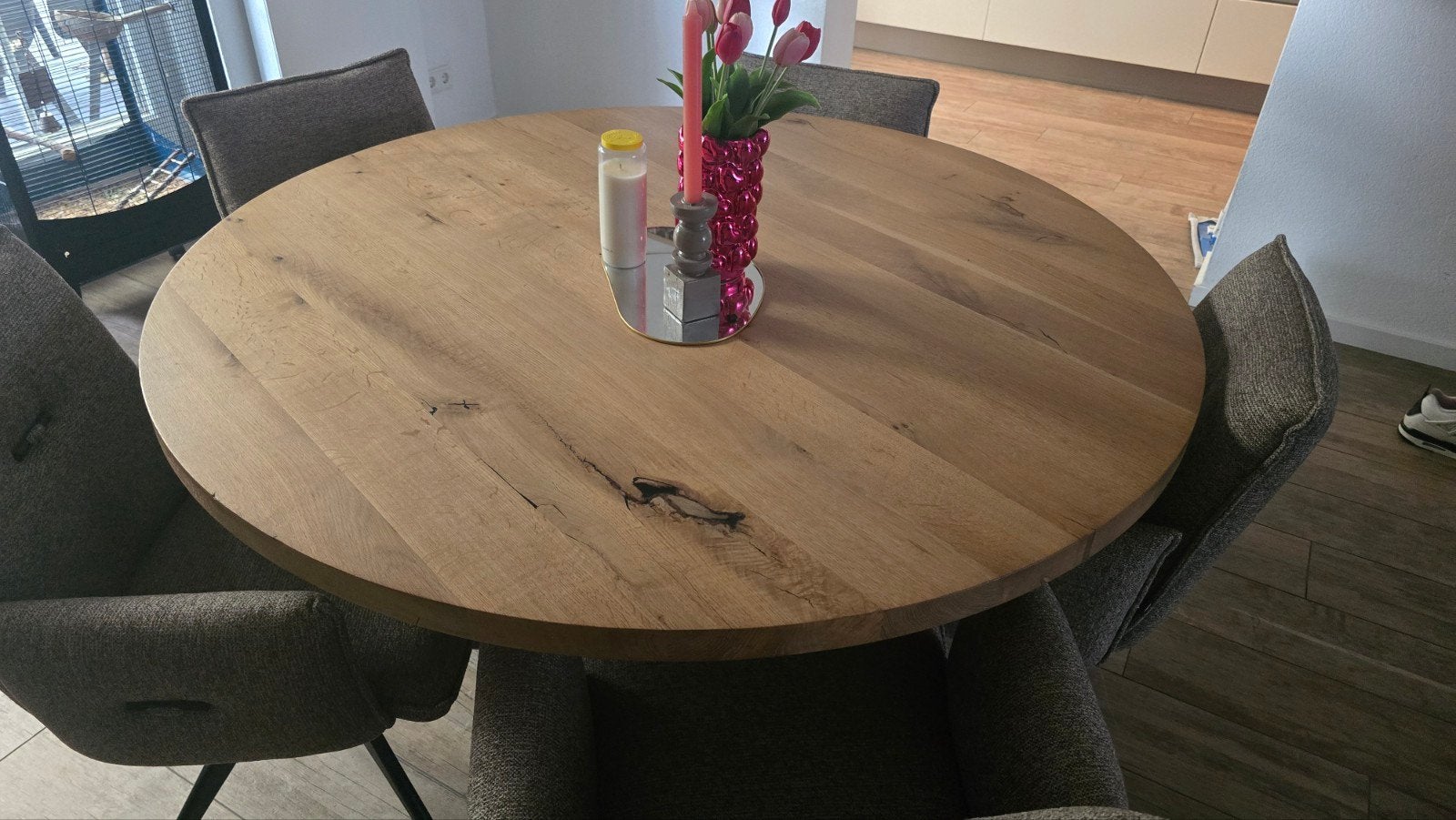 ronde eiken tafel 150, Huis en Inrichting, Tafels | Eettafels, Ophalen, Zo goed als nieuw, Vijf personen of meer, 100 tot 150 cm
