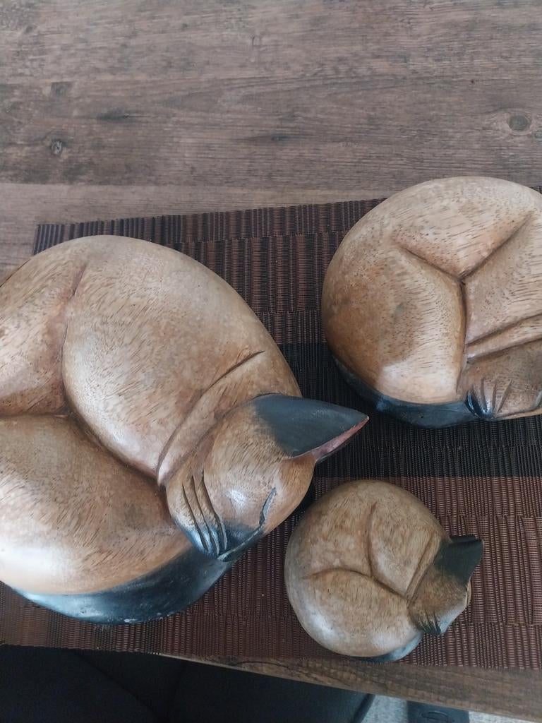 Set van 3 houten slapende katten beeldjes, Huis en Inrichting, Woonaccessoires | Overige, Hout, Gebruikt, Ophalen of Verzenden