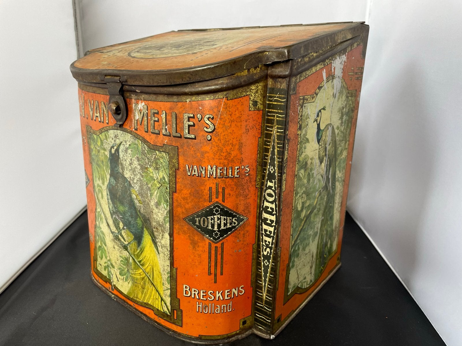 Grote Vintage Van Melle's Toffees Blik met Vogels, Verzamelen, Ophalen of Verzenden, Gebruikt, Overige, Van Nelle