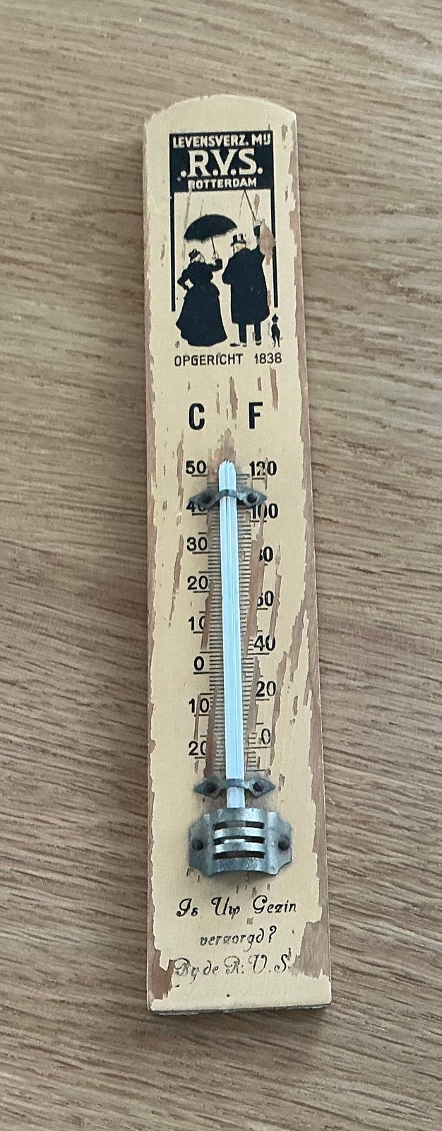 Oude wandthermometer RVS hout, Binnenthermometer, Ophalen of Verzenden, Gebruikt, Hout