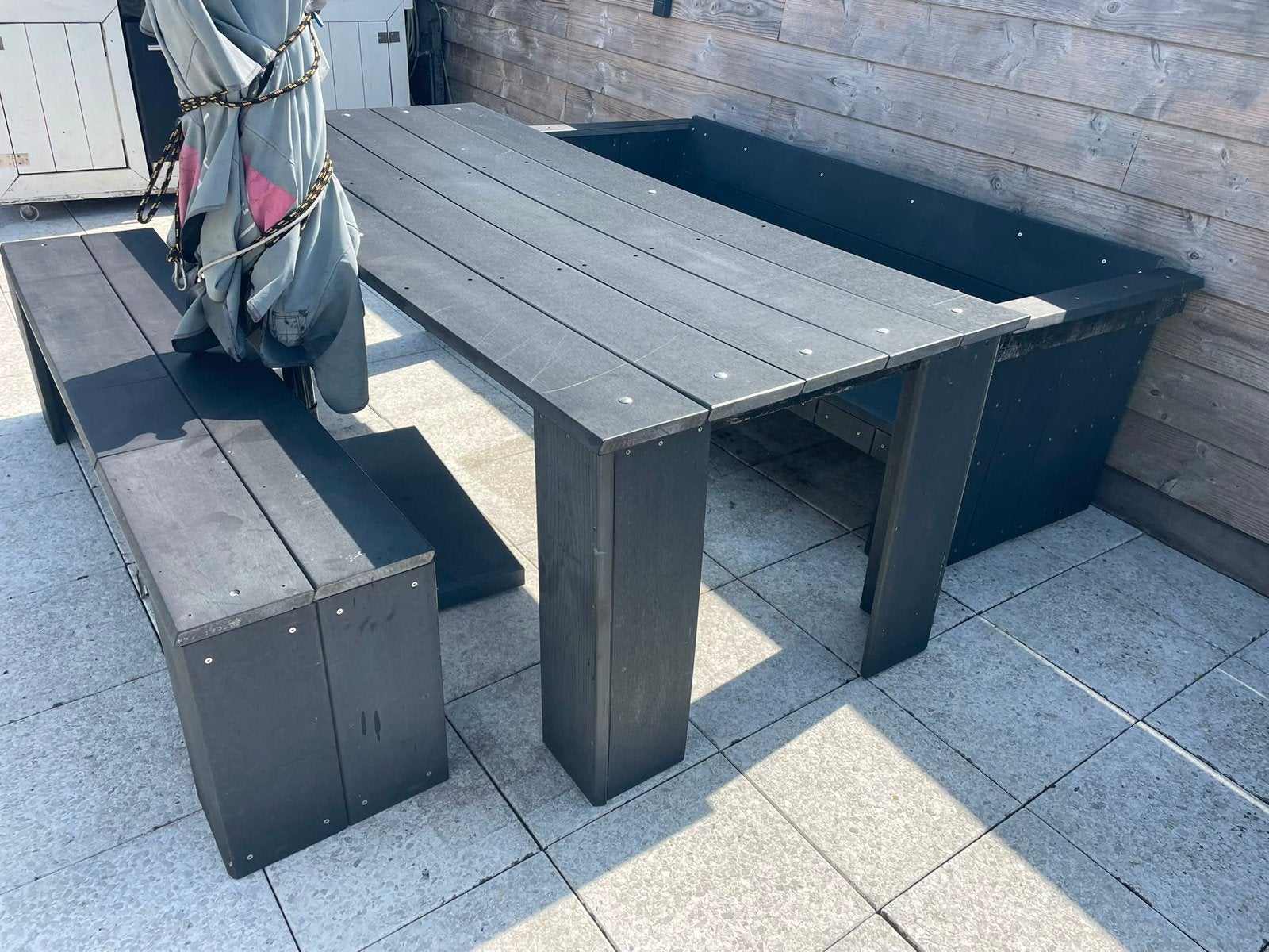 Robuuste hardhout/kunststof tuinset voor 10 personen, Ophalen, Gebruikt, Eettafel, Hardhout