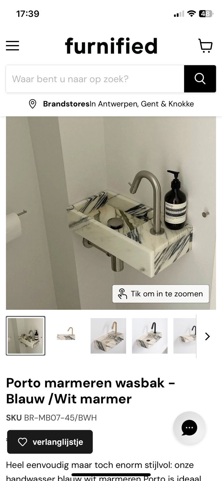 Fonteintje voor in wc, FURNIFIED wit-blauw marmer, Huis en Inrichting, Overige typen, Nieuw, Minder dan 100 cm, 25 tot 50 cm