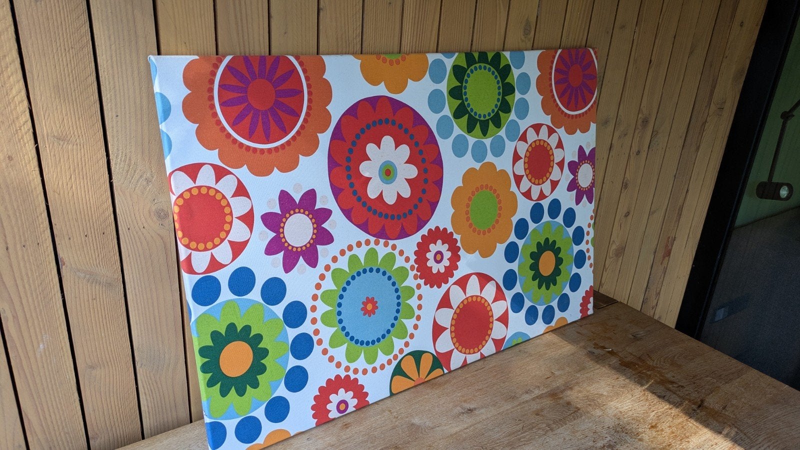 Soort schilderij maar dan een leuke stof op schilderdoek, Ophalen, 115 cm, Zo goed als nieuw, Wandbord of Wandpaneel