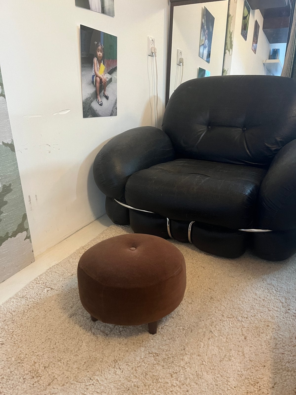 Vintage Retro Bruine Ronde Poef -  33cm, Minder dan 50 cm, Gebruikt, Rond, Ophalen of Verzenden