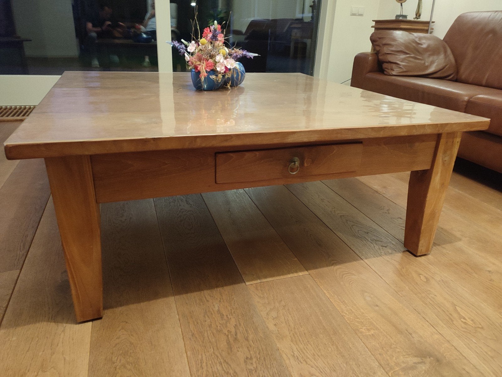 Massief teak houten salontafel met lade, Gebruikt, Vierkant, Landelijk, 5 – 50
