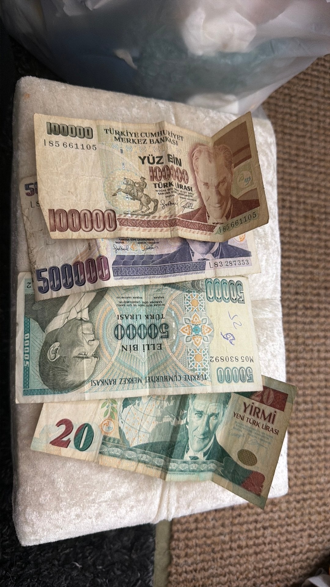 Turkse Lira Bankbiljetten - 50.000, 20, 500.000, 100.000 Lir, Ophalen of Verzenden, Overige landen, Setje