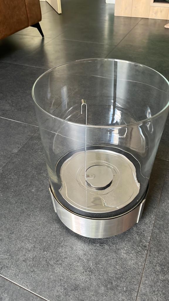 Glazen windlicht met rvs voet tafelhaard bio ethanol, Ophalen, Overige materialen, Gebruikt, Overige kleuren