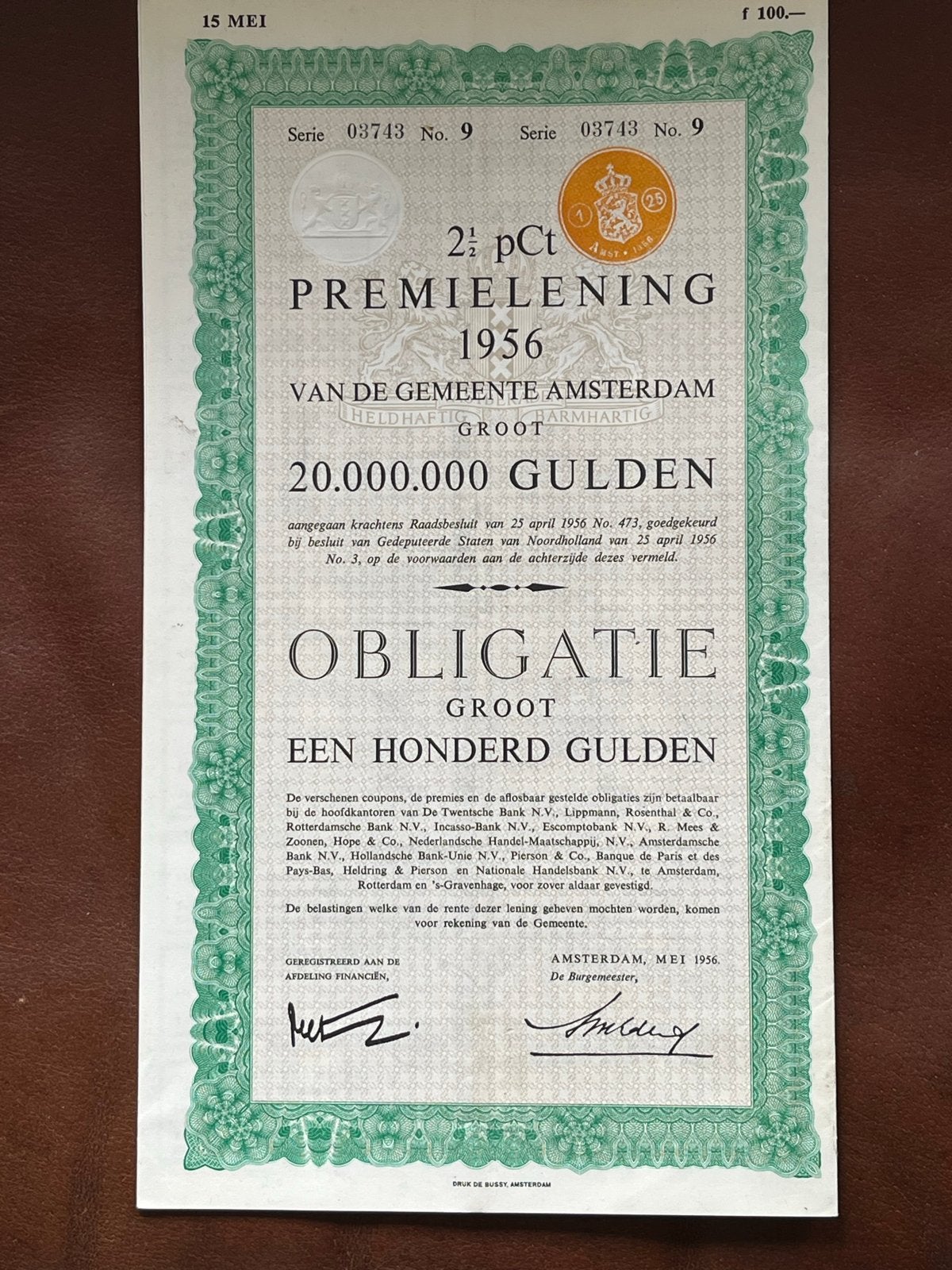 Historische Obligatie Gemeente Amsterdam 1956, Postzegels en Munten, Aandelen en Waardepapieren, Ophalen of Verzenden, 1950 tot 1970