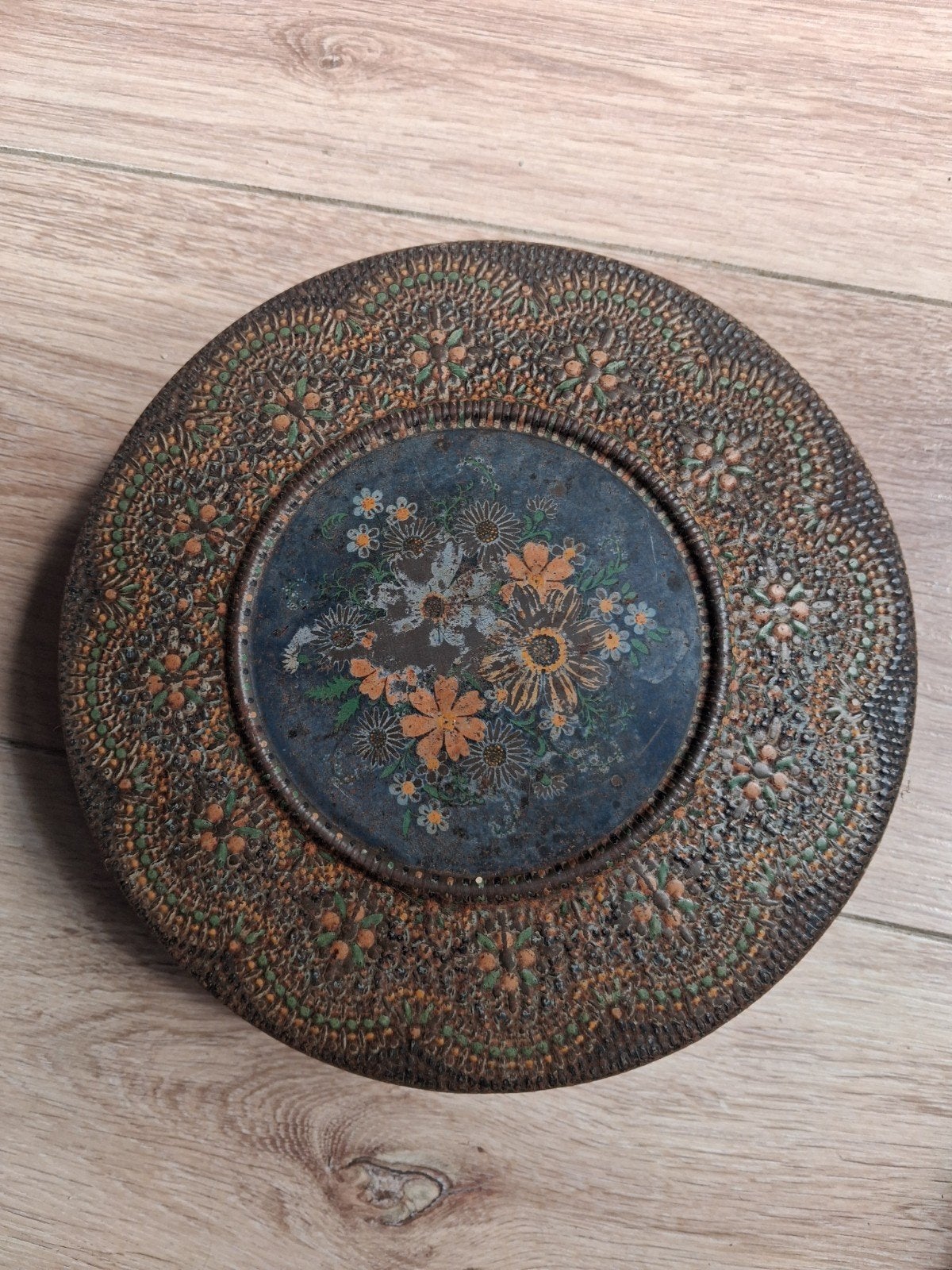 Vintage ronde blikken koektrommel met bloemmotief, Ophalen of Verzenden