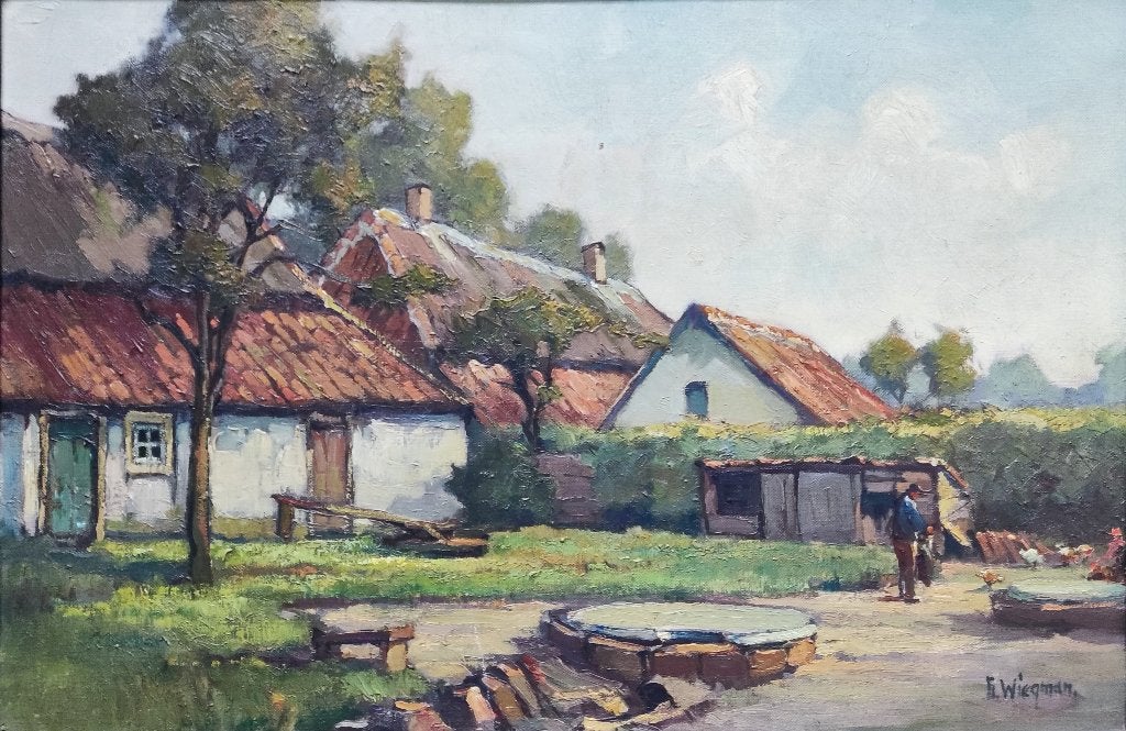 Gerard Wiegman (1875-1964) - Gezicht op boerderij, Doek, Ophalen of Verzenden, Landschap, Olieverf