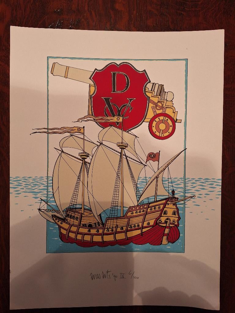 Zeefdruk van een historische boot, Antiek en Kunst, Ophalen of Verzenden