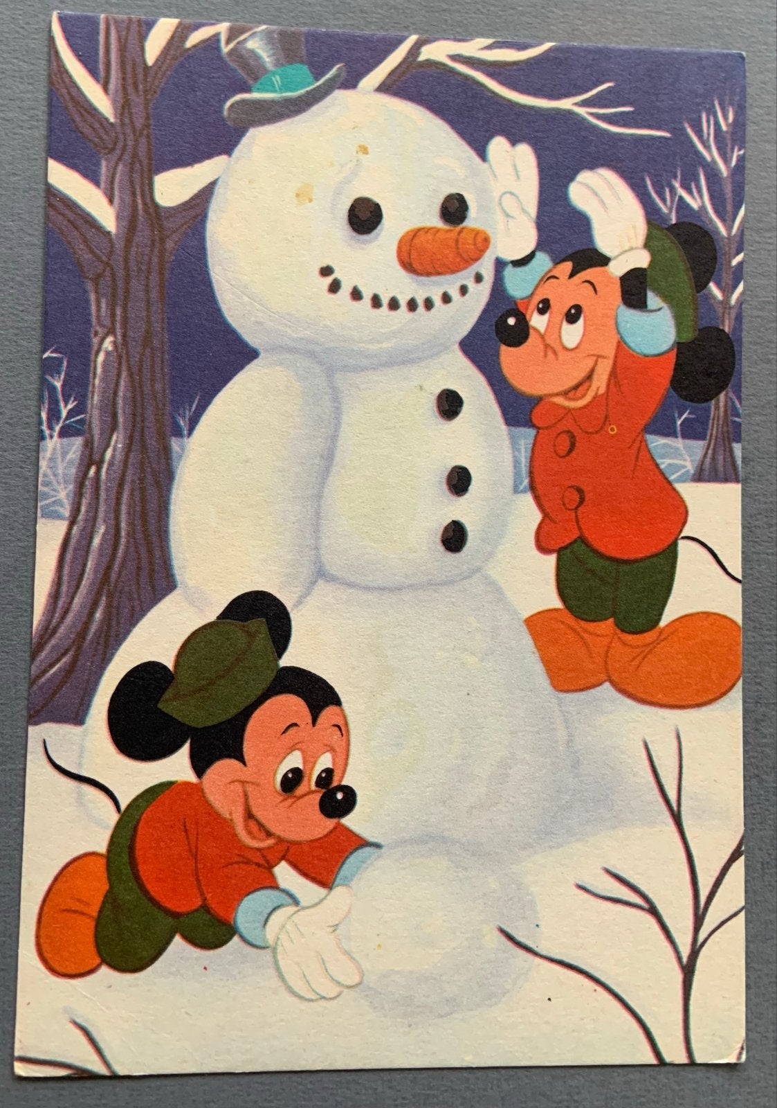 Vintage Disney Mickey Mouse Kerstkaart Sneeuwpop, Verzenden, Gebruikt, Papier, Kaart of Schrift