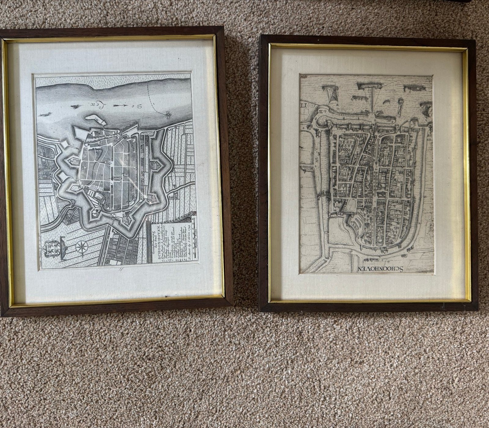 GERESERVEERD Set van 5 ingelijste gravures van Schoonhoven, Ophalen, Ingelijst, Stadsgezicht, Gravure