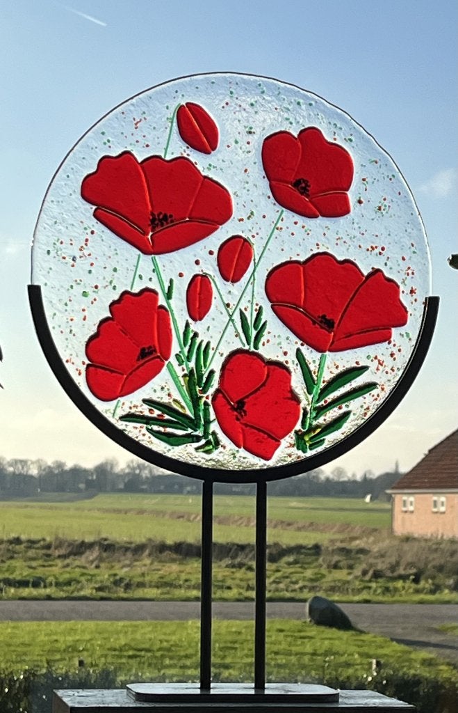 Glasobject cirkel glas glasfusing klaproos bloem lijnen, Ophalen of Verzenden, Nieuw