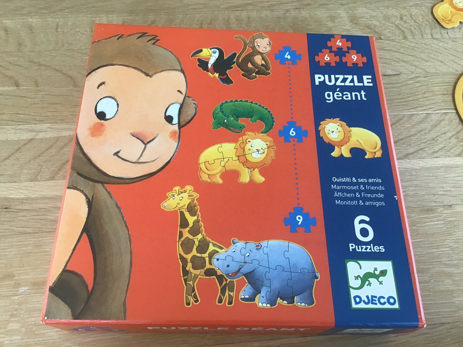 Djeco puzzel géant: 6 dierenpuzzels, Ophalen of Verzenden, 10 tot 50 stukjes, Zo goed als nieuw