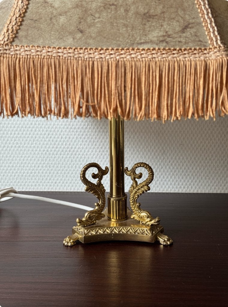 Prachtige Vintage Tafellamp met Koperen Vissen en Kap, Ophalen of Verzenden