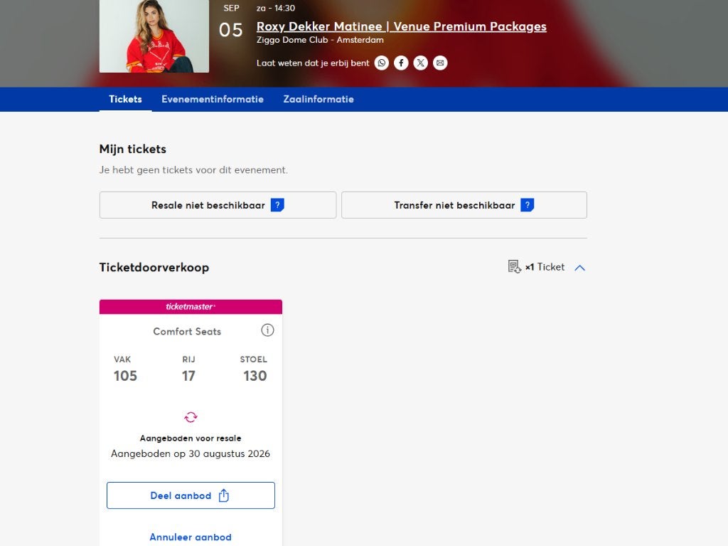 roxy dekker 1 kaartje vak 105 zaterdag 5 september, Ophalen of Verzenden, Nieuw