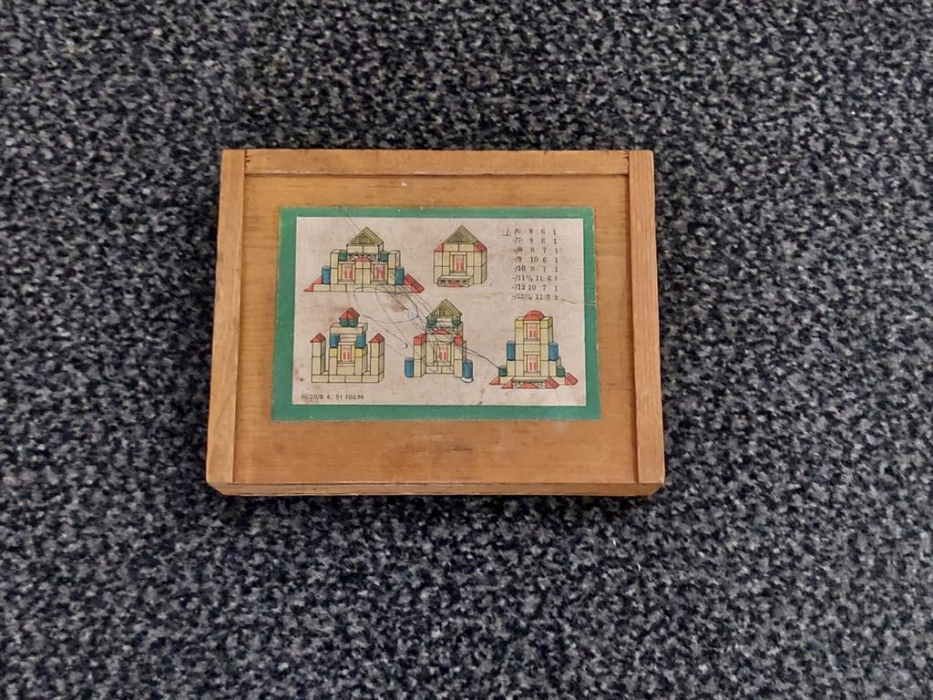 Antiek houten blokkendoos van het merk Vergo, Antiek en Kunst, Ophalen of Verzenden