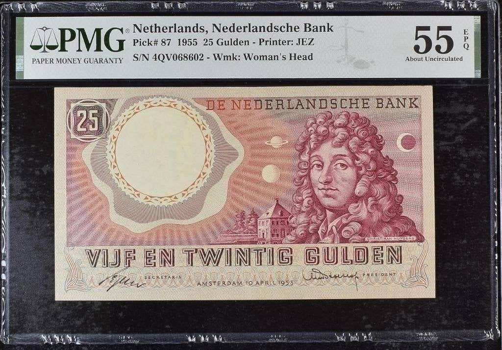 Heel mooi biljet 25 gulden Huygens 1955, PMG 55 EPQ, Ophalen of Verzenden, 25 gulden