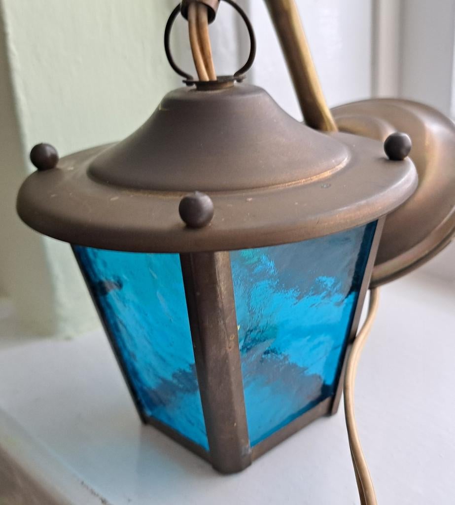Vintage wandlampje met turquoise glas - sfeervol, Antiek en Kunst, Ophalen of Verzenden