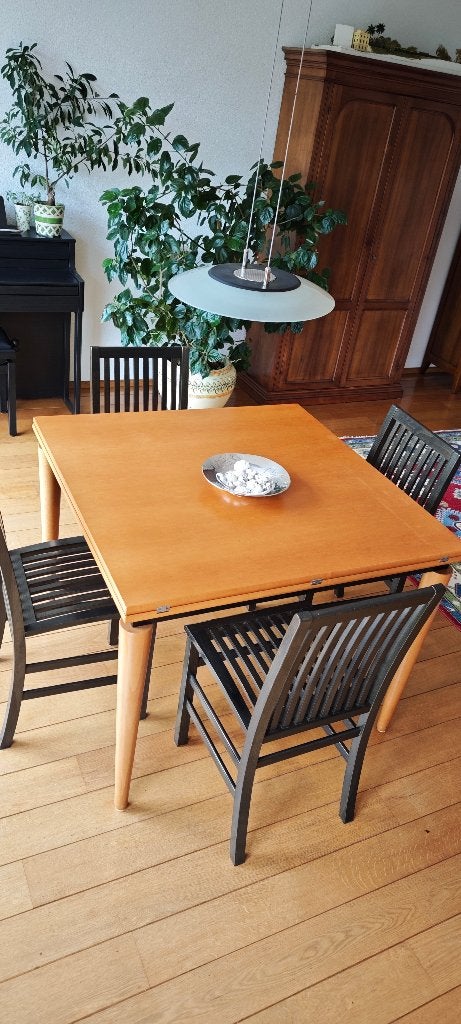 Design klaptafel (1-2m x 1m) en 4 stolen van begin 90's, Ophalen, Gebruikt, 100 tot 150 cm, Design