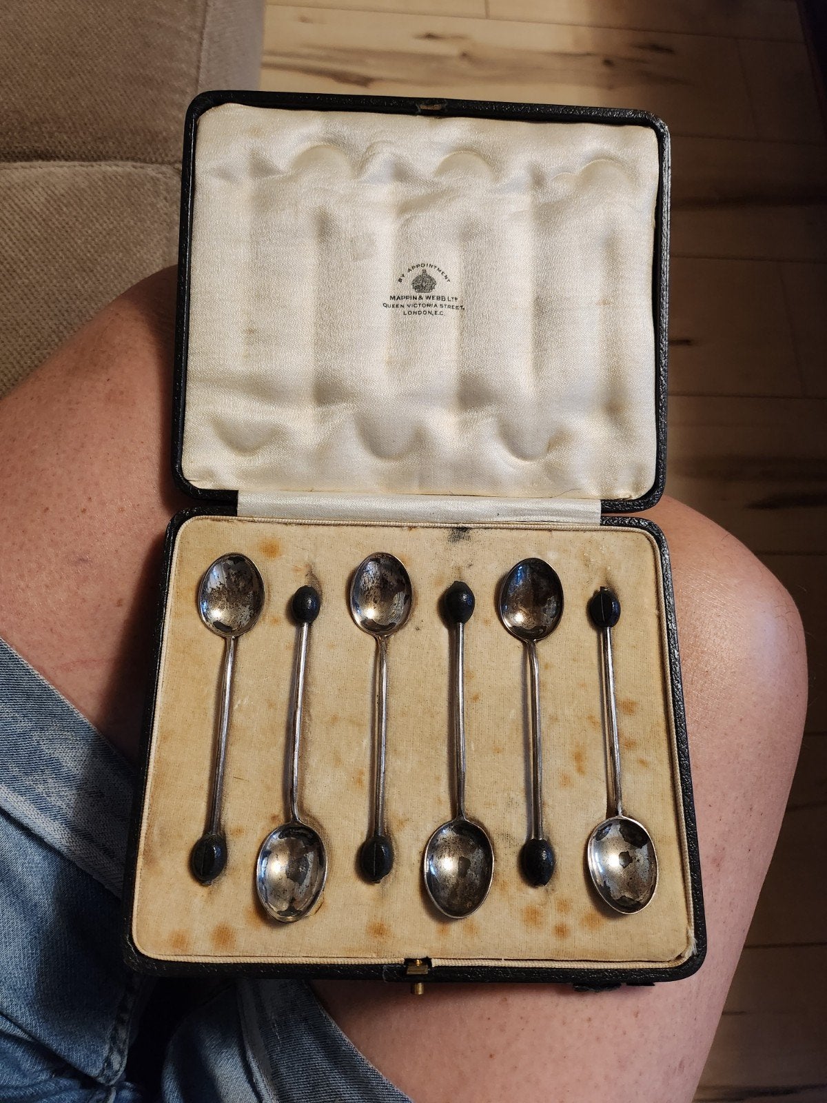 Antieke Mappin & Webb zilveren lepeltjes in doos, Ophalen of Verzenden