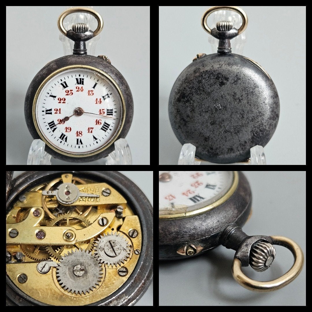 Antiek gunmetal dames zakhorloge met kroonopwinding, Antiek en Kunst, Ophalen of Verzenden