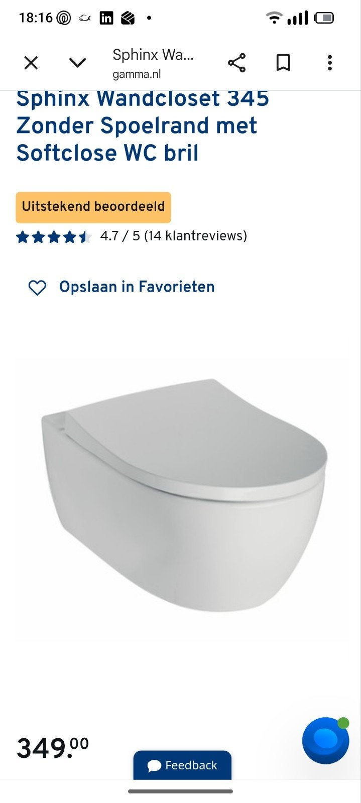 Sphinx Wandcloset 345 Zonder Spoelrand met Softclose WC bril, Ophalen, Zo goed als nieuw, Toilet