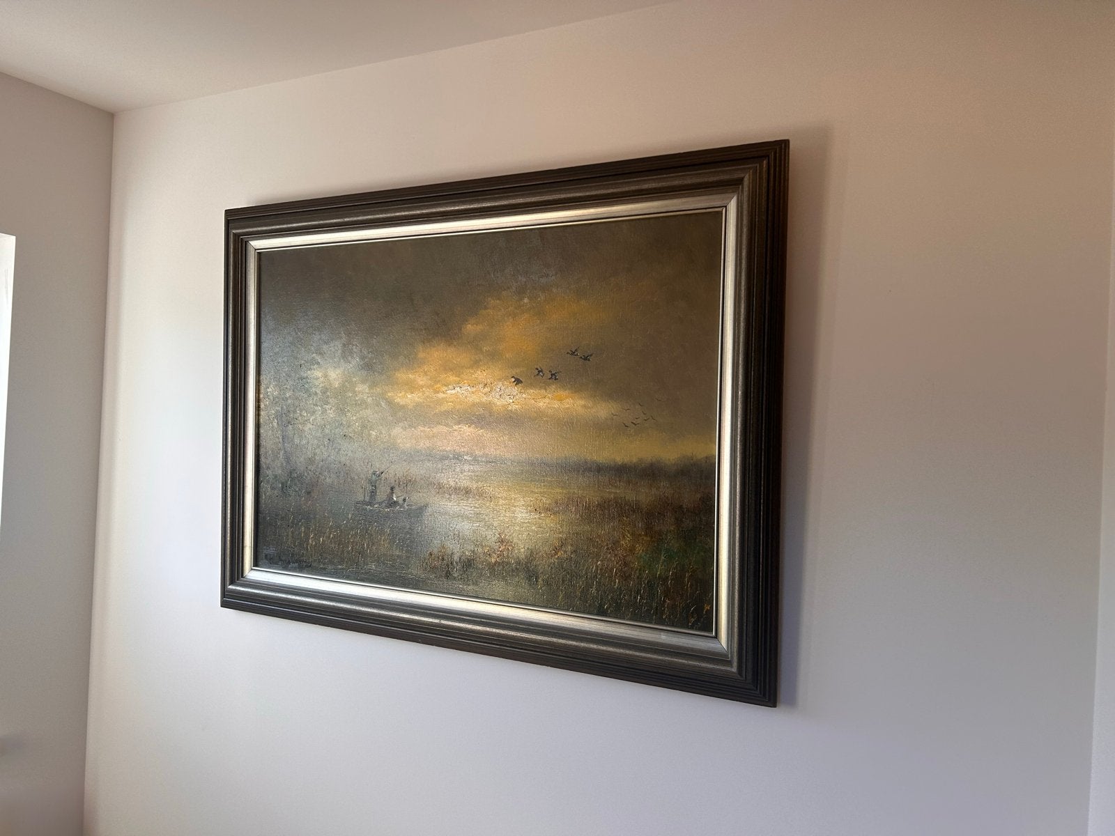 Schilderij Peter Brouwer – Jagers op eenden – 140 x 100 cm, Ophalen, Maritiem / water, Doek, Realistisch