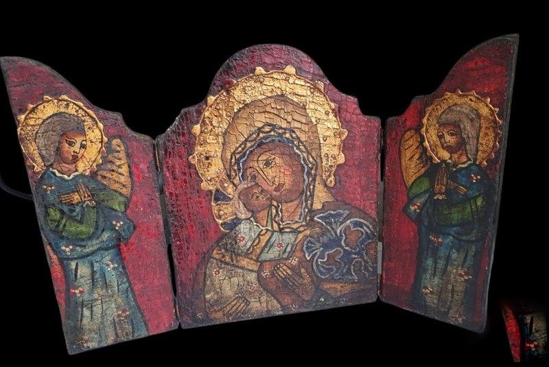 13239 groot vintage houten icoon drieluik 3 luik madonna, Antiek en Kunst, Ophalen of Verzenden