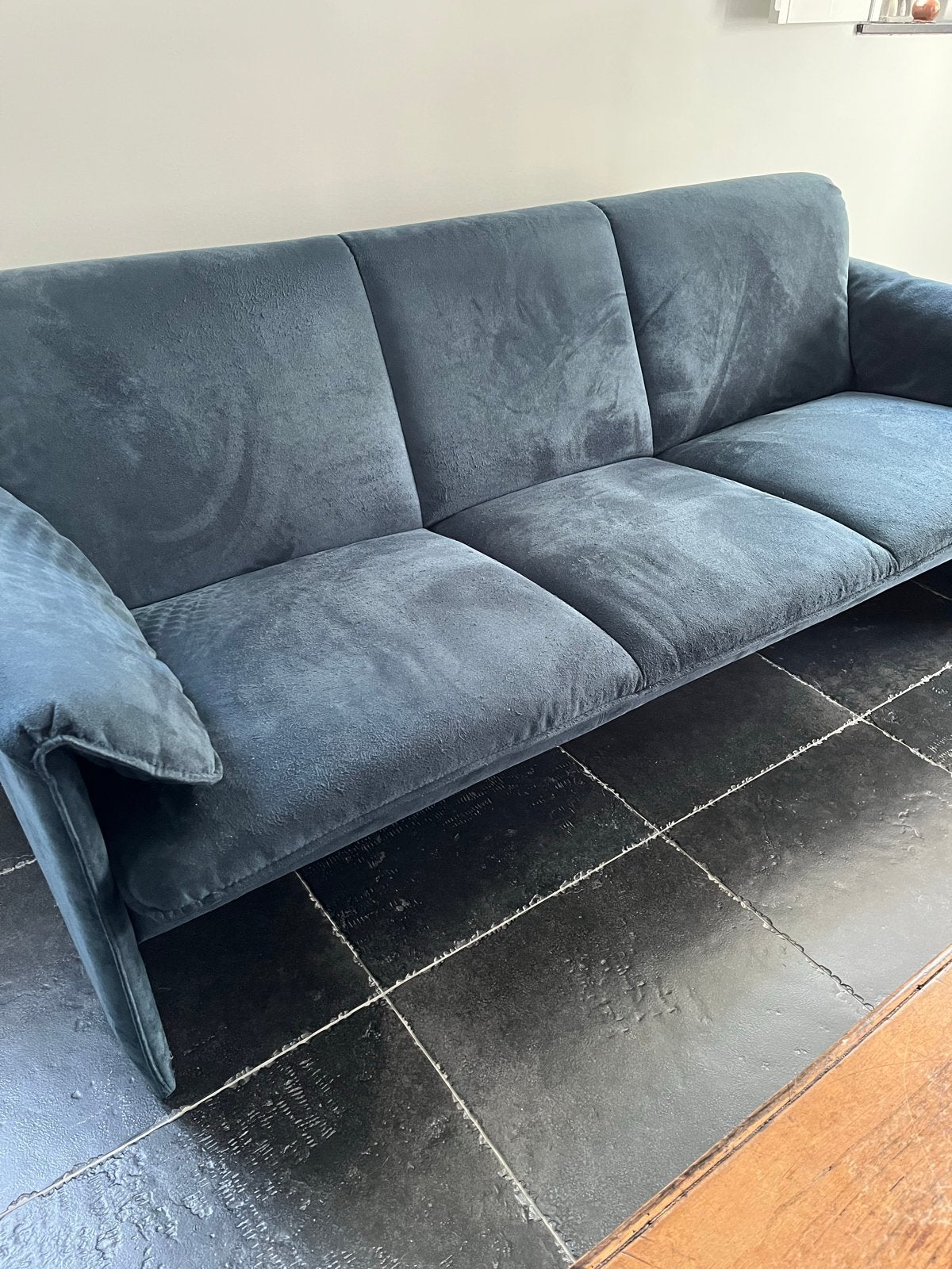 Leolux 3-zitsbank - Donkerblauw alcantara, Ophalen, Gebruikt, Driepersoons, 75 tot 100 cm