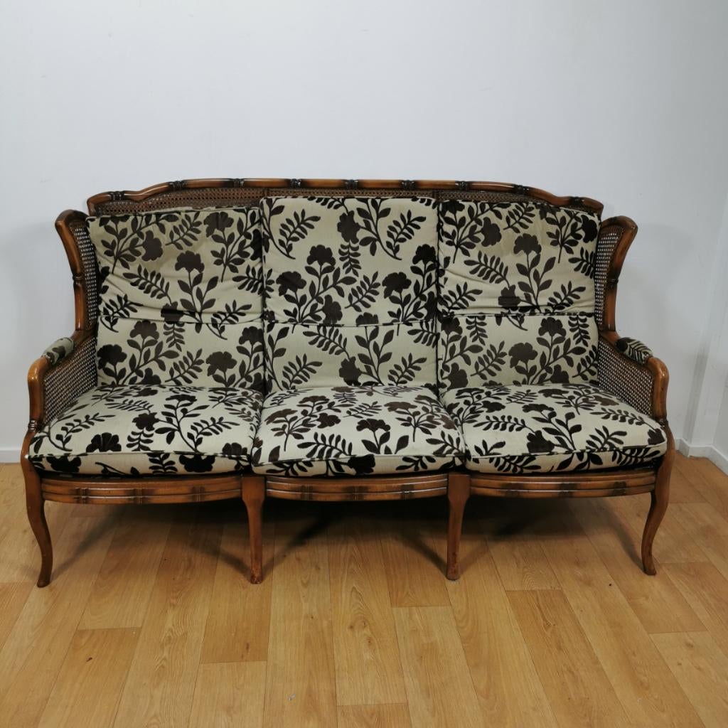 Vintage Mid Century bank Faux bamboe, Giorgetti stijl 3-zit, Valkenswaard, Info@flashbackfurniture.nl, Flashback Furniture, 75 tot 100 cm