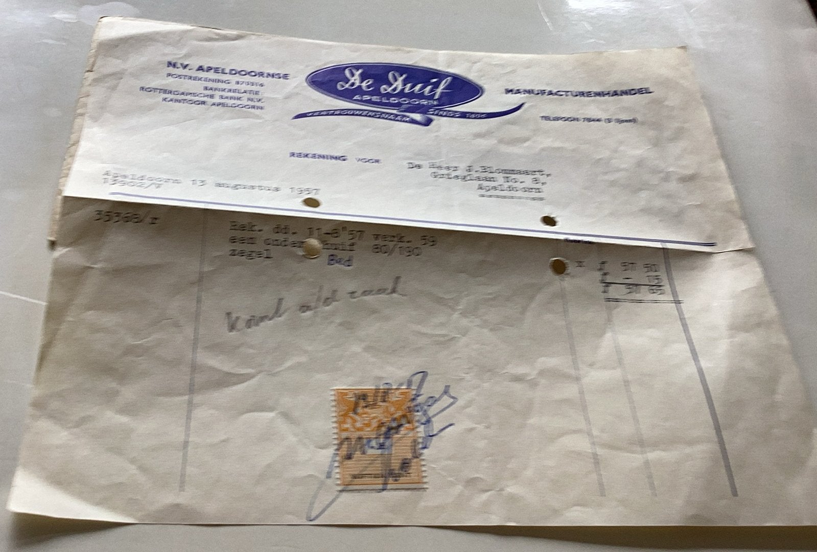 De Duif Apeldoorn 1957 rekening met legeszegel 15 cent, Ophalen of Verzenden, Zo goed als nieuw, Overige typen