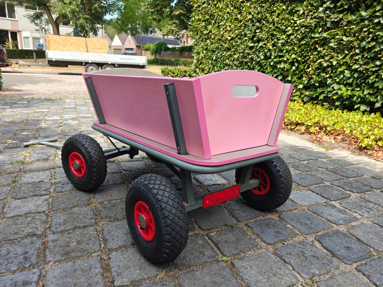 Leuke houten bolderkar roze-zilver, met 2 uitneembare zitjes, Caravans en Kamperen, Bolderkarren, Ophalen, Gebruikt