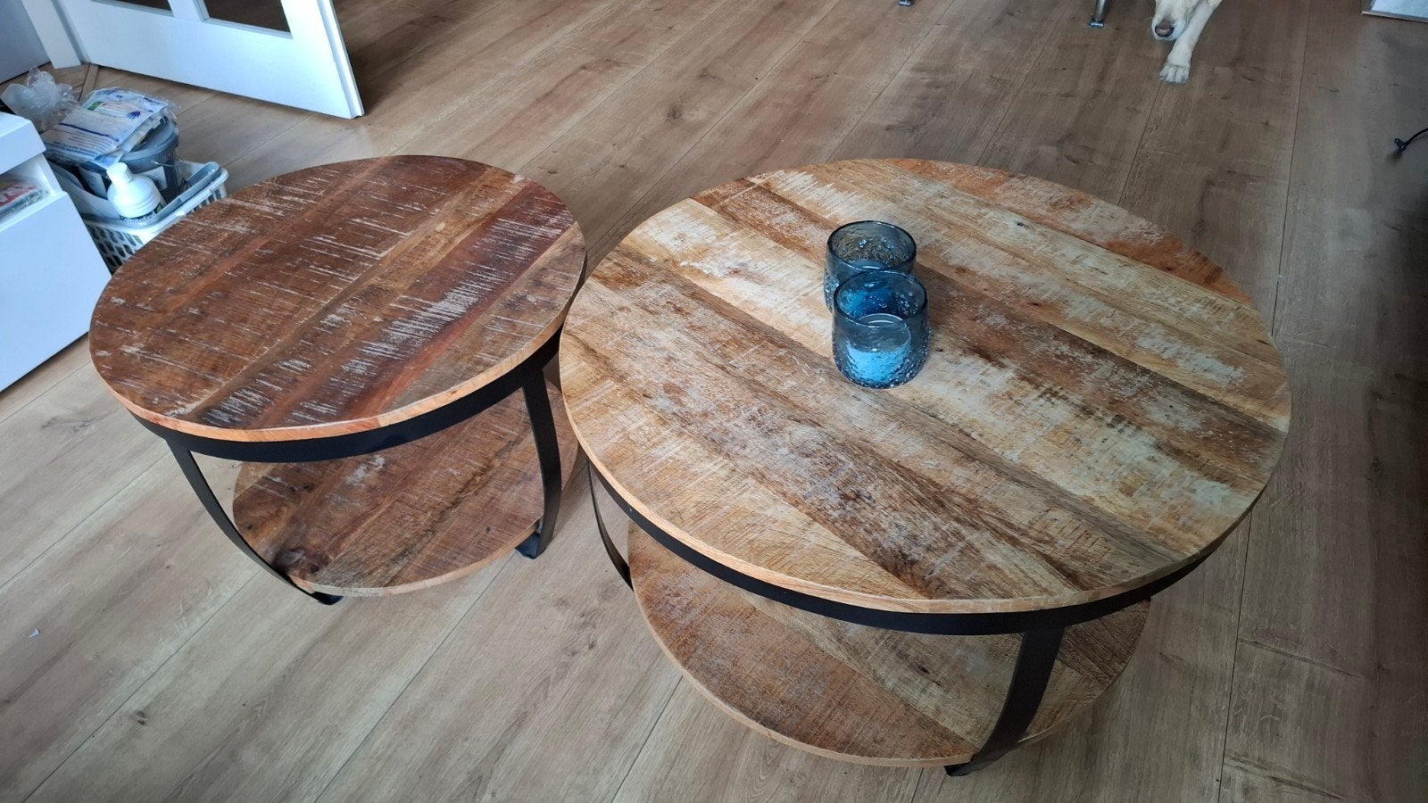 Salontafel set van 2 – Rond mangohout, 50 tot 100 cm, Rond, Zo goed als nieuw, 50 tot 100 cm