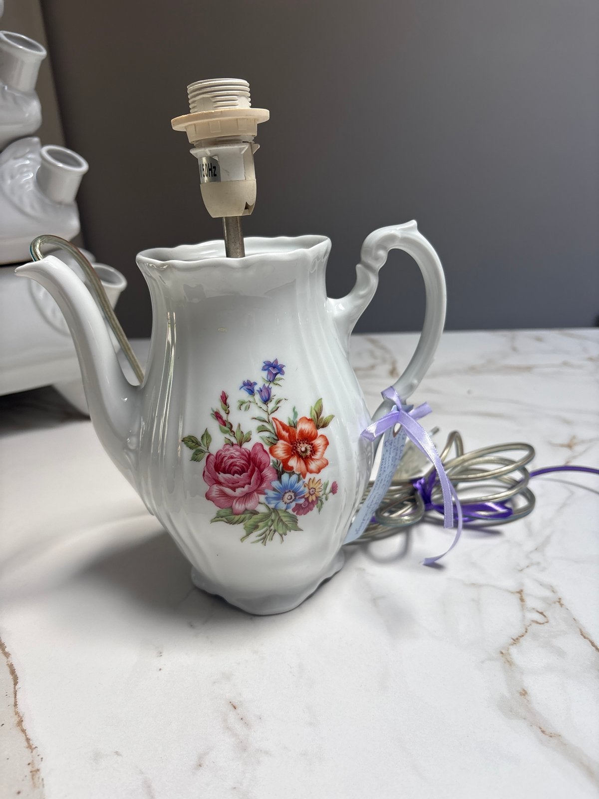 Unieke Theepot Lamp - Vintage Stijl met Bloemenprint, Met schakelaar, Wit, Overige merken, Gebruikt