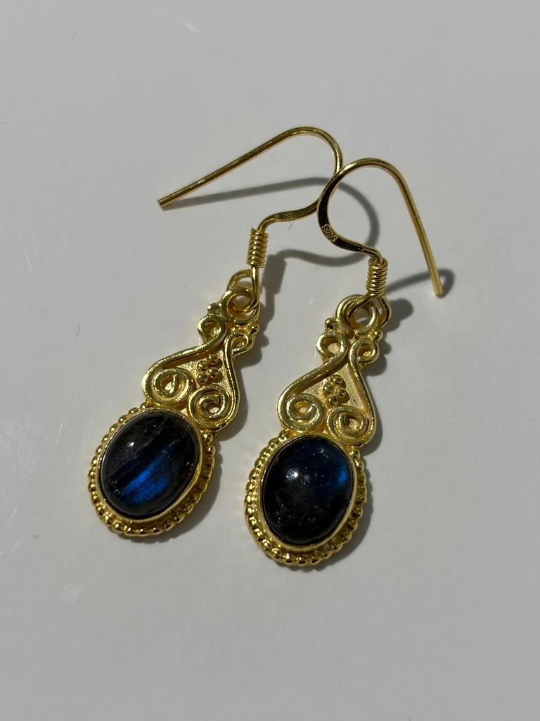 Vergulde Labradoriet Oorbellen – 925 Zilver, Hangers, Nieuw, Ophalen of Verzenden, Met edelsteen