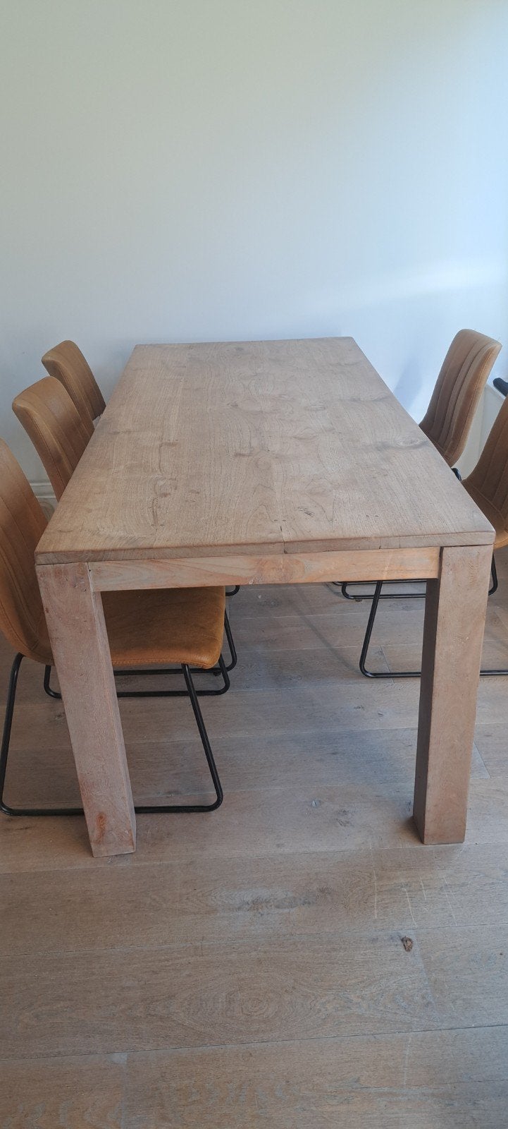 Robuuste eettafel van eikenhout met 6 stoelen, Ophalen, Gebruikt, Eikenhout, 50 tot 100 cm