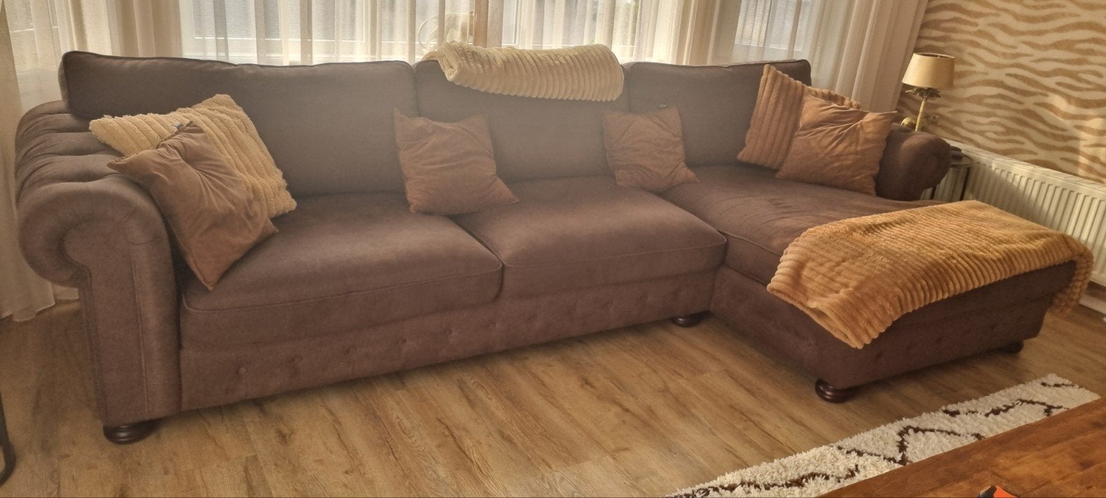 Donkerbruin bankstel met lounge-gedeelte, Ophalen, 100 tot 125 cm, 300 cm of meer, Zo goed als nieuw