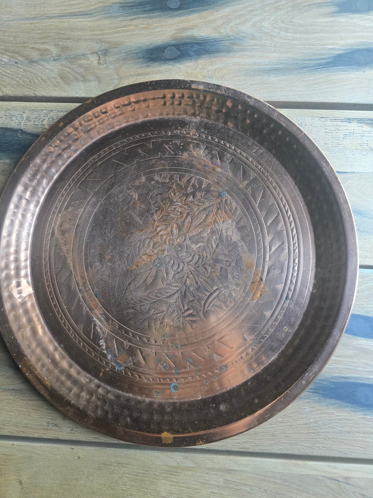 Groot koperkleurig dienblad, Gebruikt, Rond, Ophalen of Verzenden, Dienblad